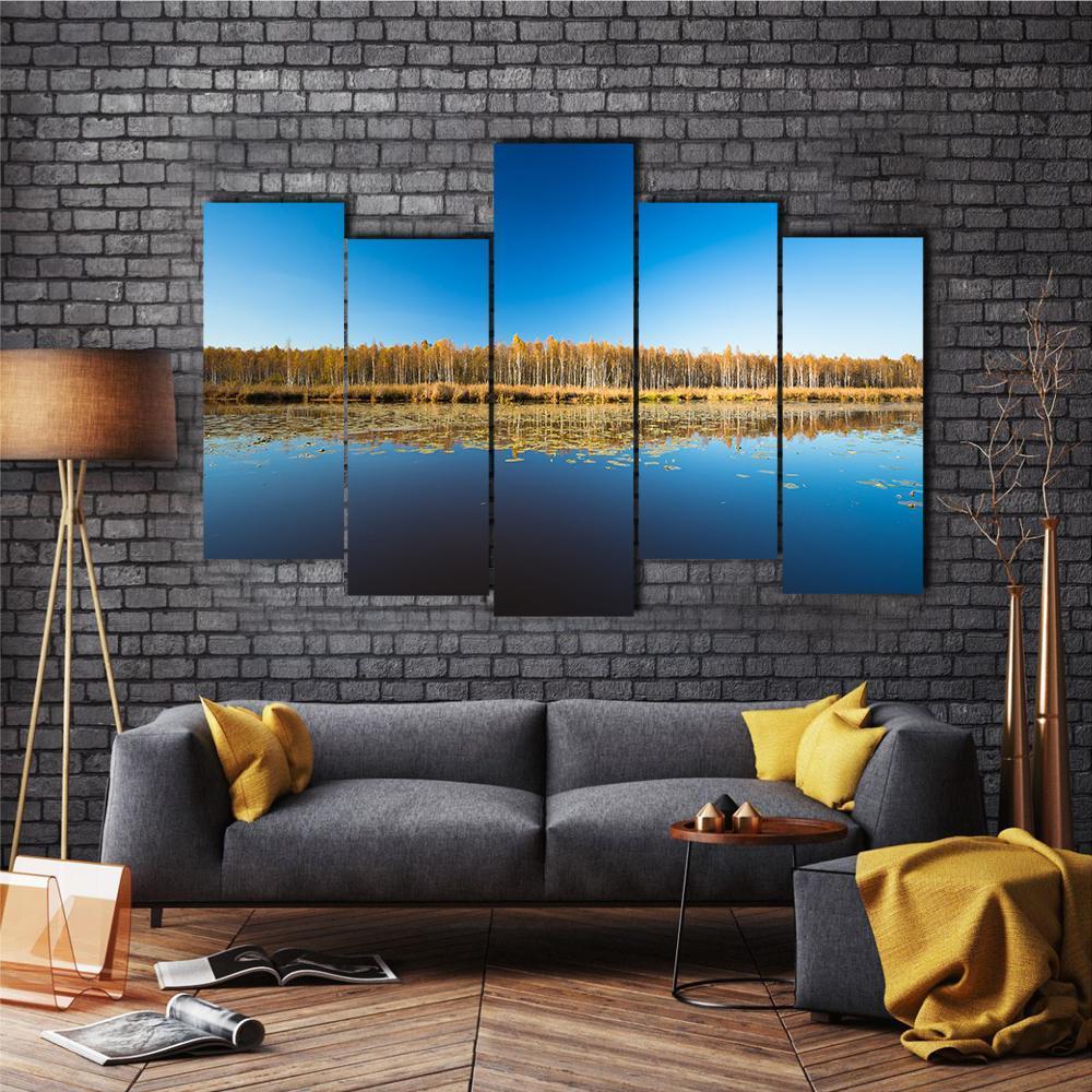 Birch Forest & Lake Canvas Wall Art-5 Pop-Gallery Wrap-47" x 32"-Tiaracle