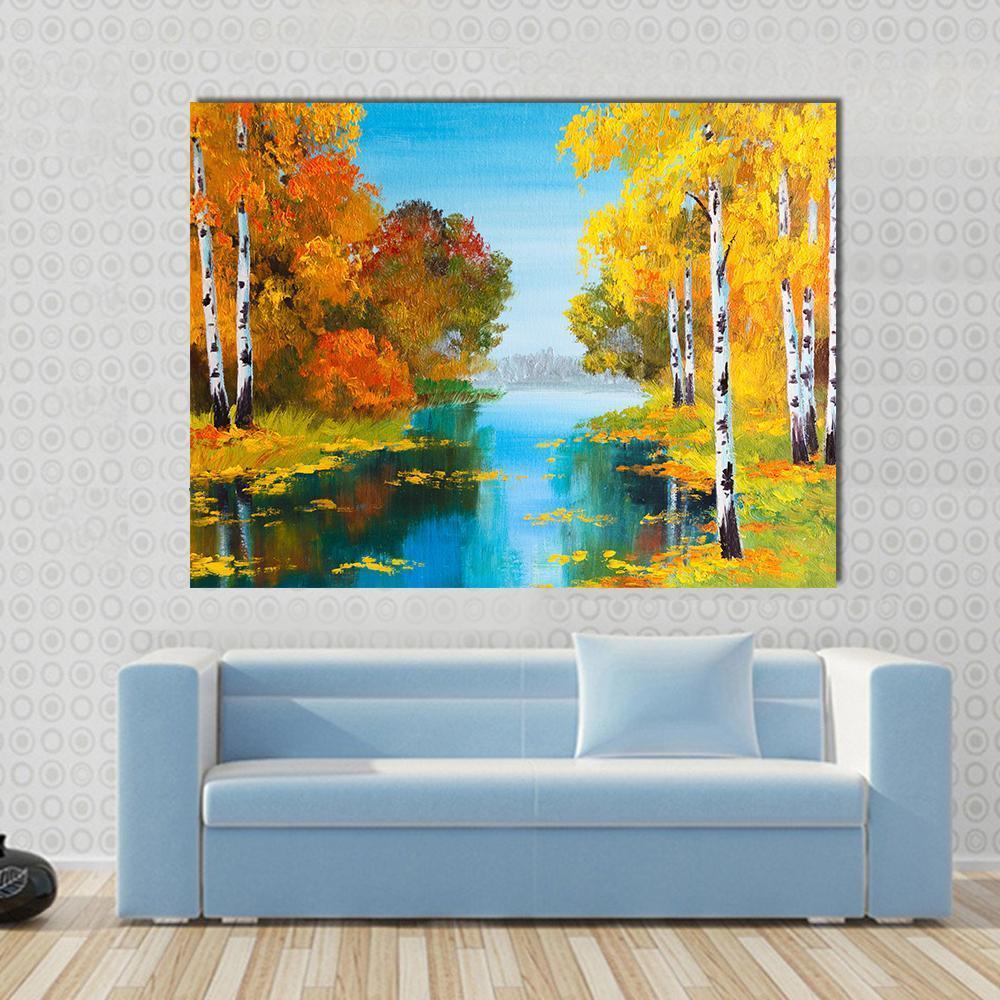 Birch Forest with River Canvas Wall Art in orange, yellow and blue, single panel hung on a wall