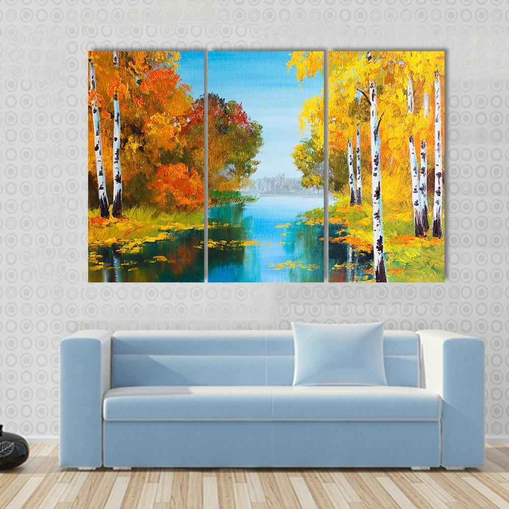 Birch Forest With River Canvas Wall Art-3 Horizontal-Gallery Wrap-25" x 16"-Tiaracle