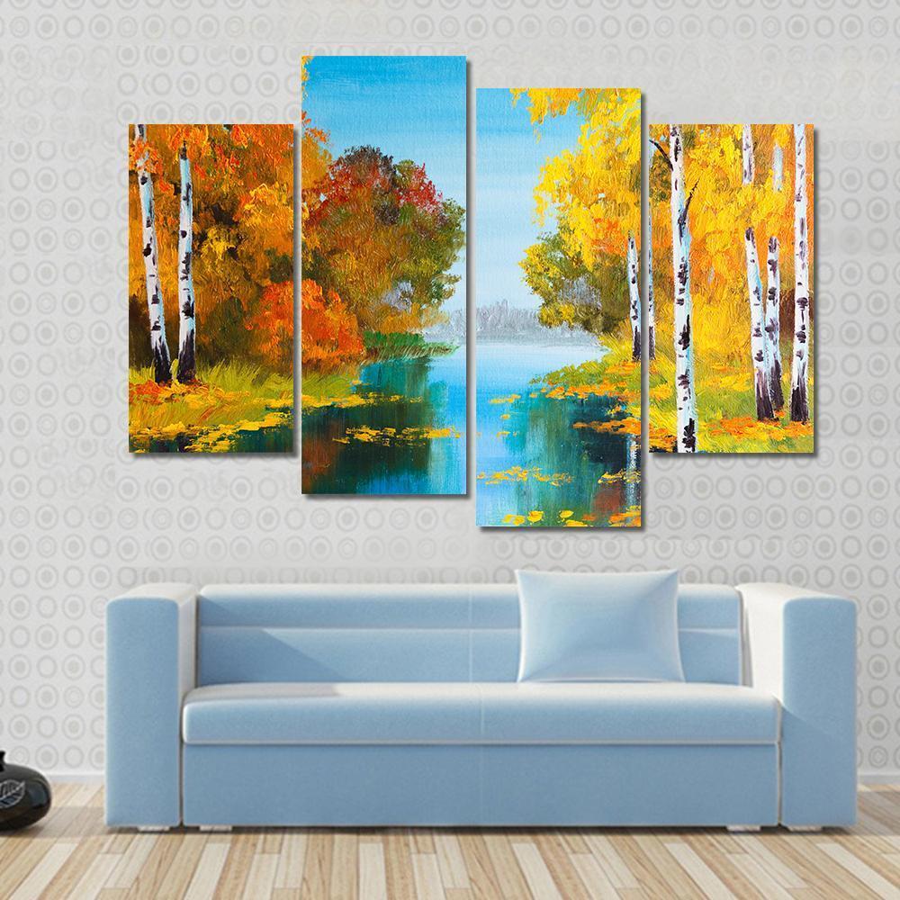 Birch Forest With River Canvas Wall Art-4 Pop-Gallery Wrap-50&quot; x 32&quot;-Tiaracle