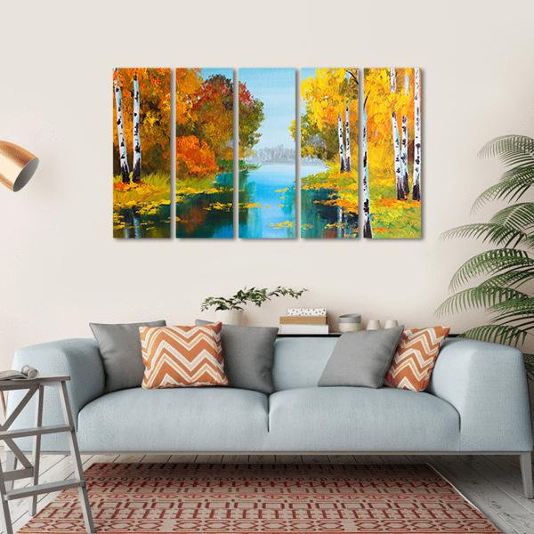 Birch Forest With River Canvas Wall Art-5 Horizontal-Gallery Wrap-22" x 12"-Tiaracle
