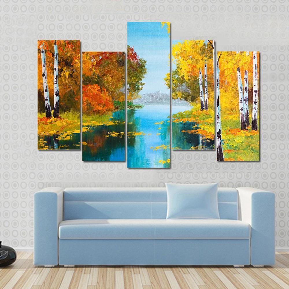 Birch Forest With River Canvas Wall Art-5 Pop-Gallery Wrap-47&quot; x 32&quot;-Tiaracle
