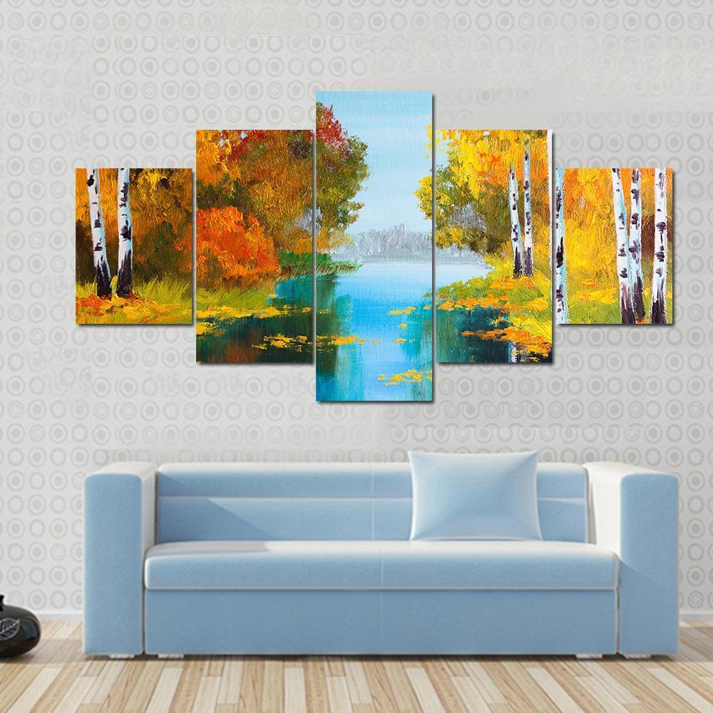 Birch Forest With River Canvas Wall Art-5 Star-Gallery Wrap-62&quot; x 32&quot;-Tiaracle