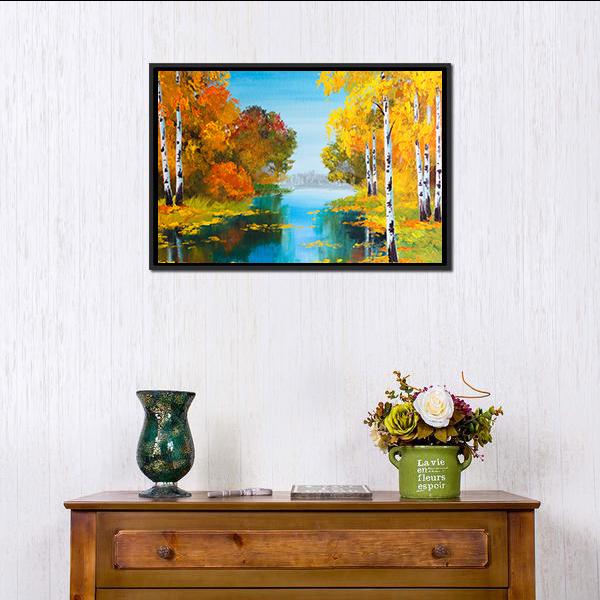 Birch Forest with River Canvas Wall Art in orange, yellow and blue, framed canvas, product view on a white background