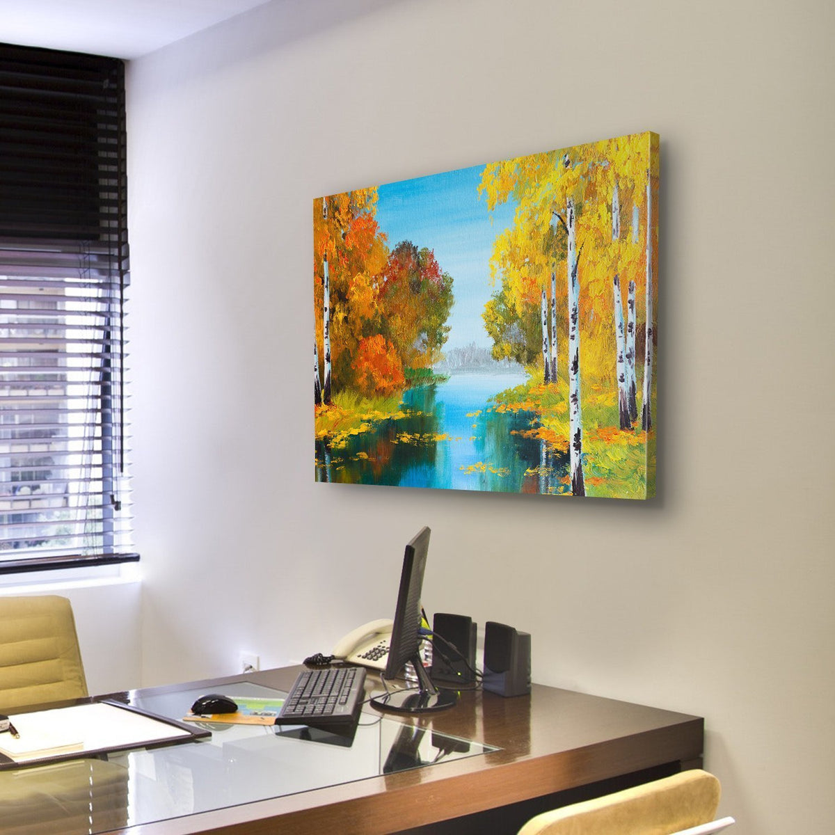 Birch Forest With River Canvas Wall Art-3 Horizontal-Gallery Wrap-25&quot; x 16&quot;-Tiaracle