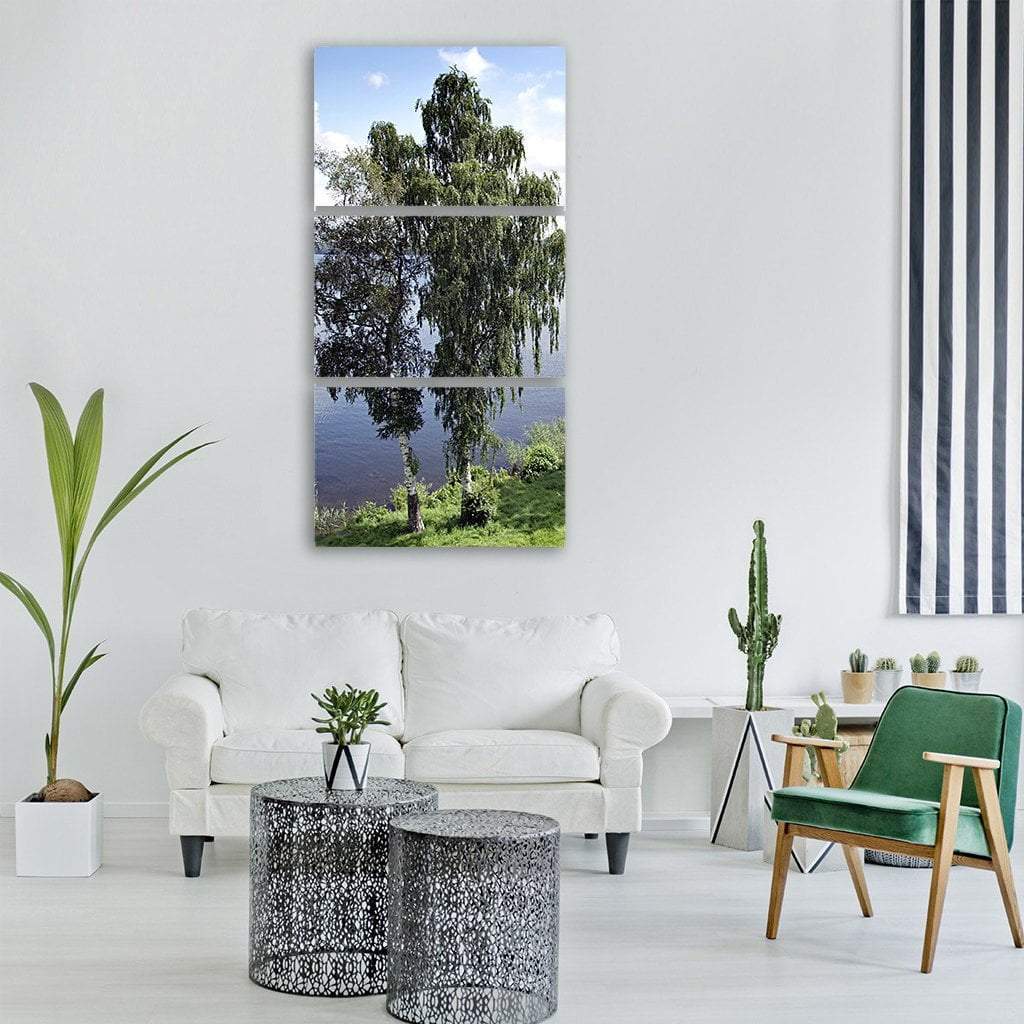 Birch Tree With Lake Vertical Canvas Wall Art-3 Vertical-Gallery Wrap-12" x 25"-Tiaracle