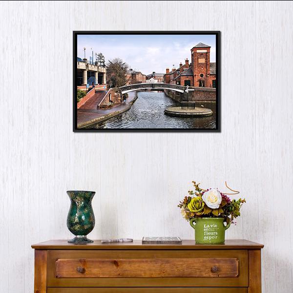 Arch Bridge Over Historic Canal Canvas Wall Art in gray, brown and blue, framed canvas, product view on a white background