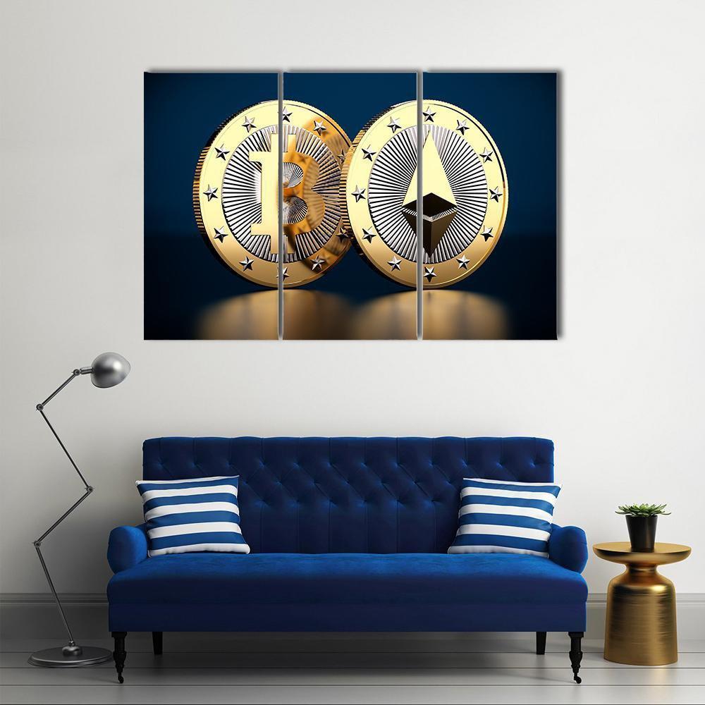 Bitcoin and Ethereum Logos Close-up Canvas Wall Art in gold, silver and blue, 5 panel Pop layout hung on a wall