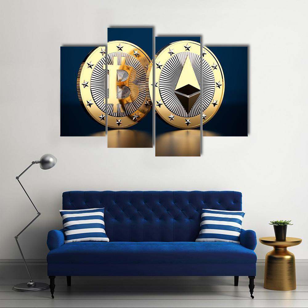 Bitcoin and Ethereum Logos Close-up Canvas Wall Art in gold, silver and blue, 5 panel Pop layout hung on a wall