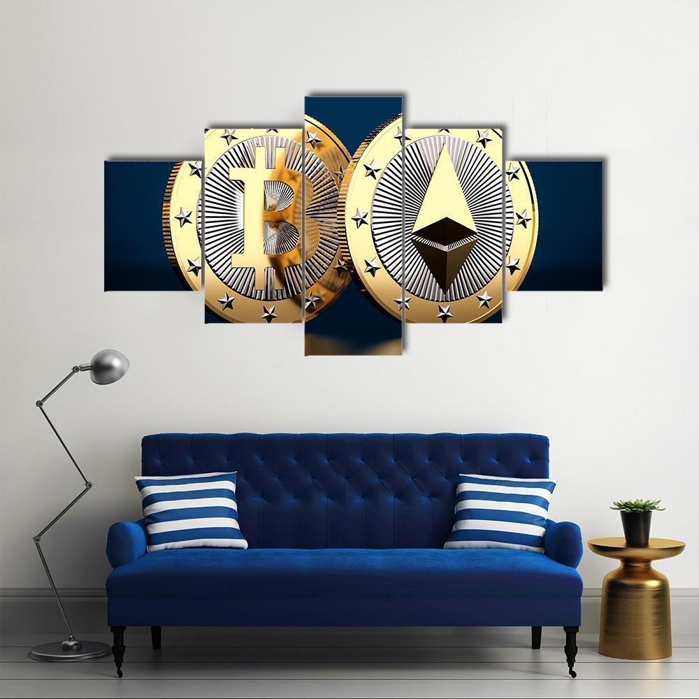 Bitcoin and Ethereum Logos Close-up Canvas Wall Art in gold, silver and blue, 5 panel Pop layout hung on a wall