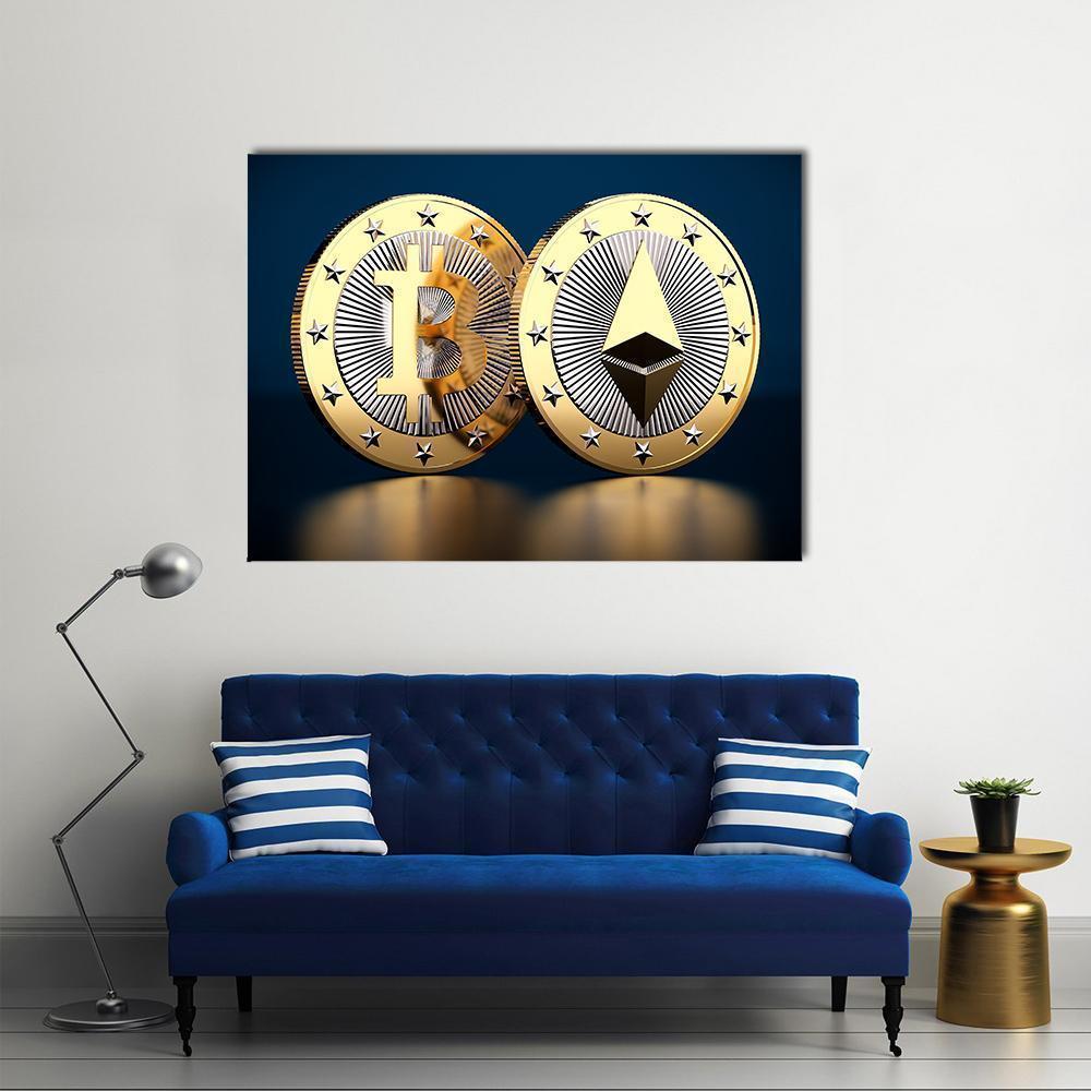 Bitcoin and Ethereum Coins on Dark Surface Canvas Wall Art in black, gold and blue, single panel hung on a wall