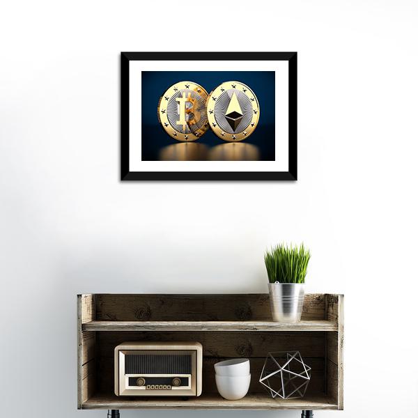 Bitcoin and Ethereum Logos Close-up Canvas Wall Art in gold, silver and blue, 5 panel Pop layout hung on a wall
