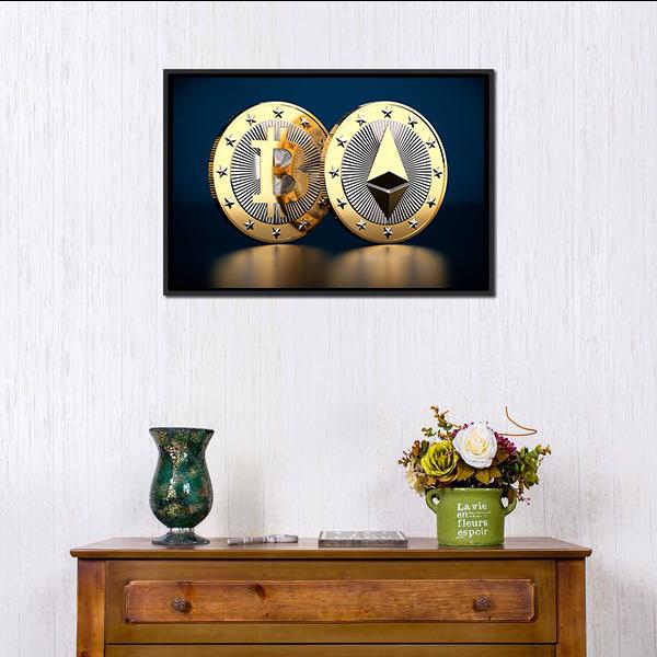 Bitcoin and Ethereum Logos Close-up Canvas Wall Art in gold, silver and blue, framed canvas, product view on a white background