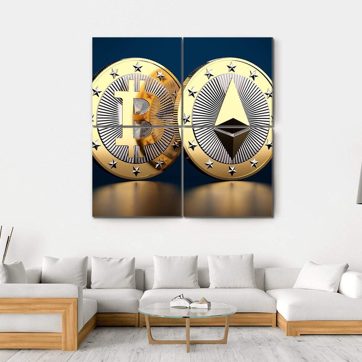 Bitcoin &amp; Ethereum Canvas Wall Art-4 Square-Gallery Wrap-17" x 17"-Tiaracle