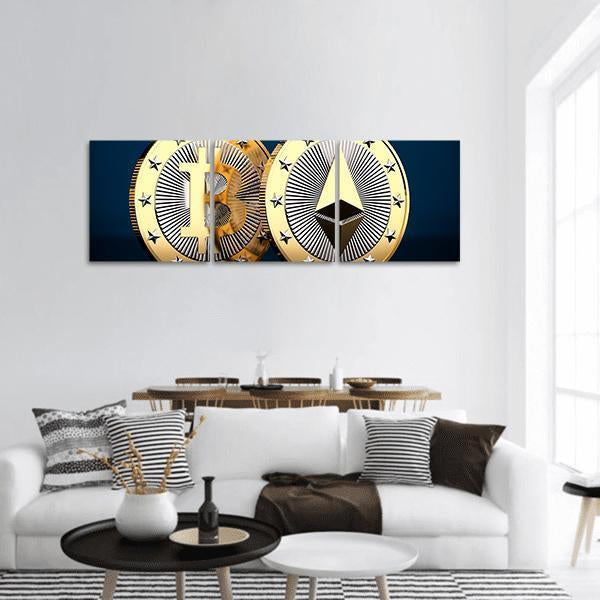 Bitcoin and Ethereum Coins Close-up Panoramic Canvas Wall Art in gold, silver and navy, single panel hung on a wall