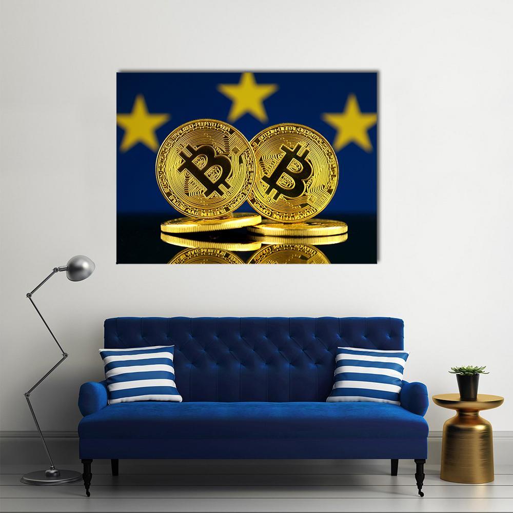 Bitcoin Coins on European Union Flag Canvas Wall Art in gold, yellow and blue, single panel hung on a wall
