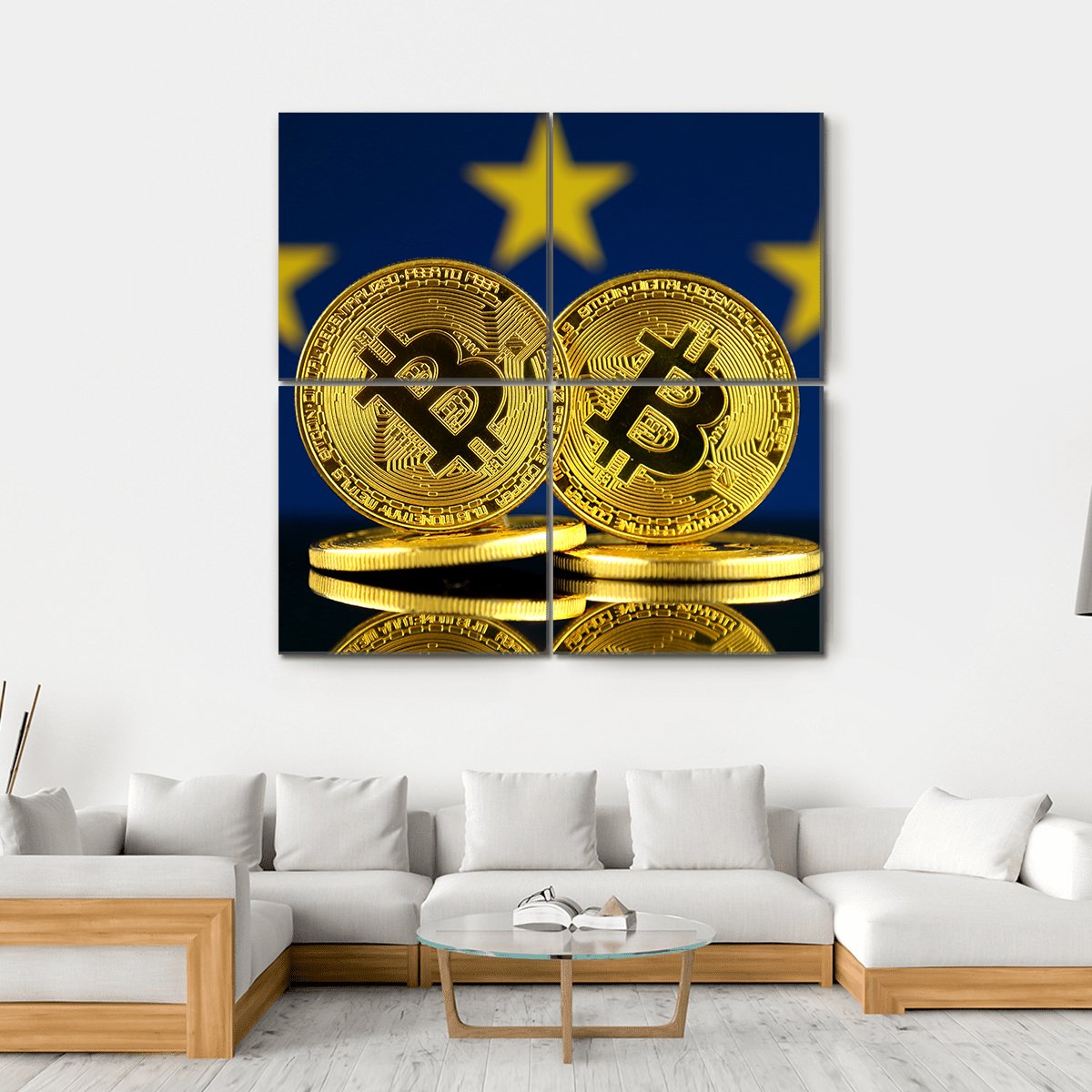 Bitcoin Coins on European Union Flag Canvas Wall Art in gold, yellow and blue, hung on a wall