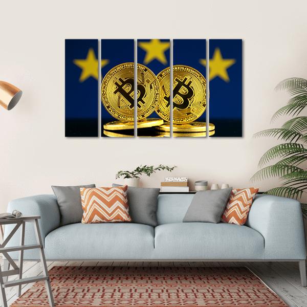 Bitcoin Coins on European Union Flag Canvas Wall Art in gold, yellow and blue, hung on a wall