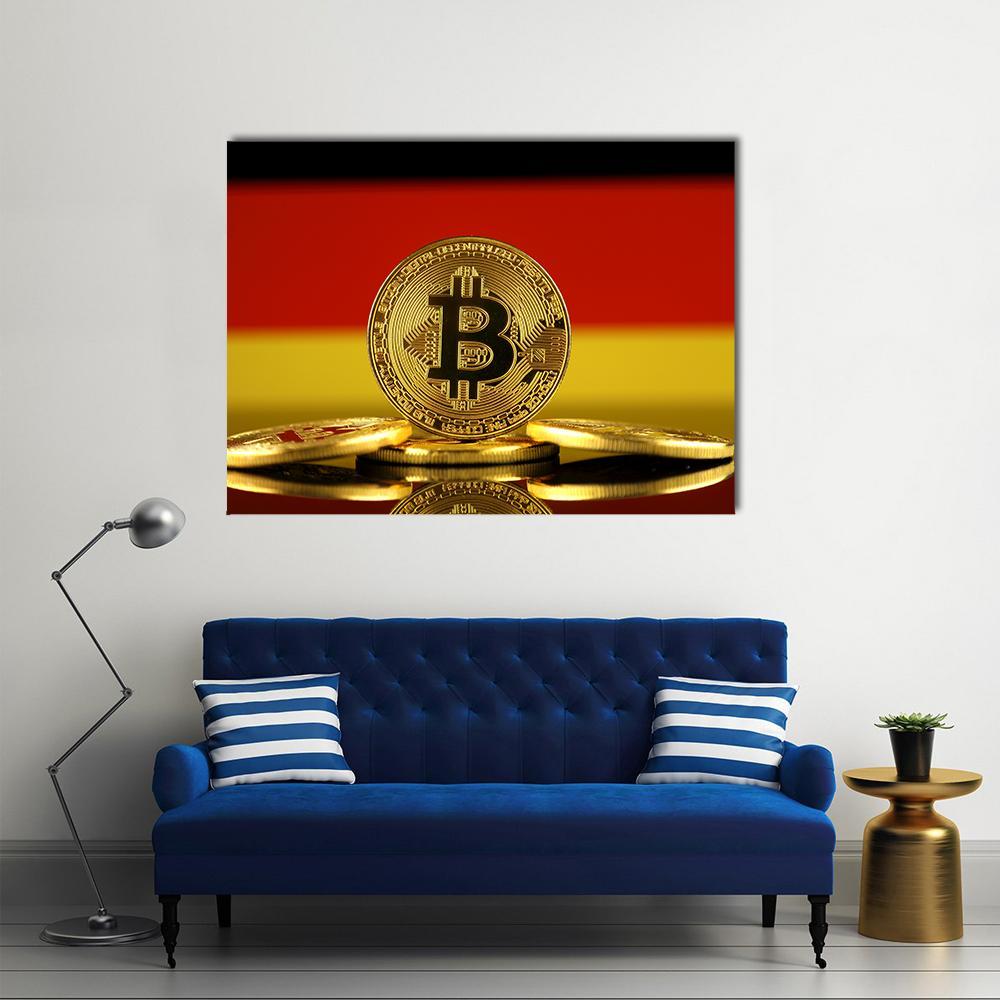 Bitcoin Coin with German Flag Canvas Wall Art in black, gold and red, hung on a wall