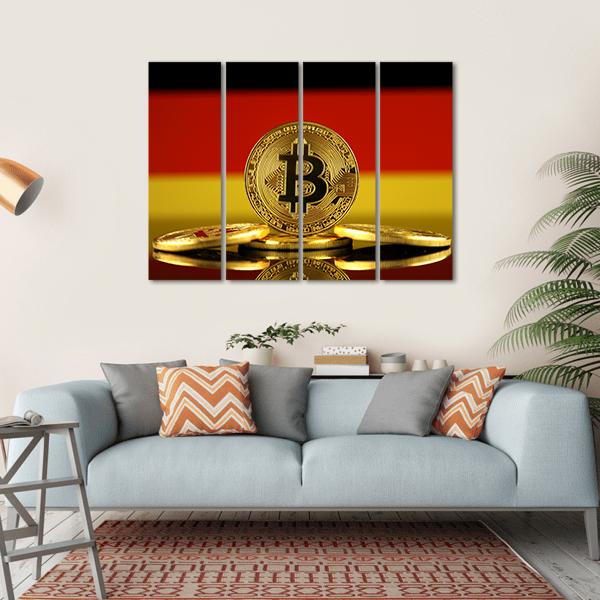 Bitcoin Coin with German Flag Canvas Wall Art in black, gold and red, hung on a wall
