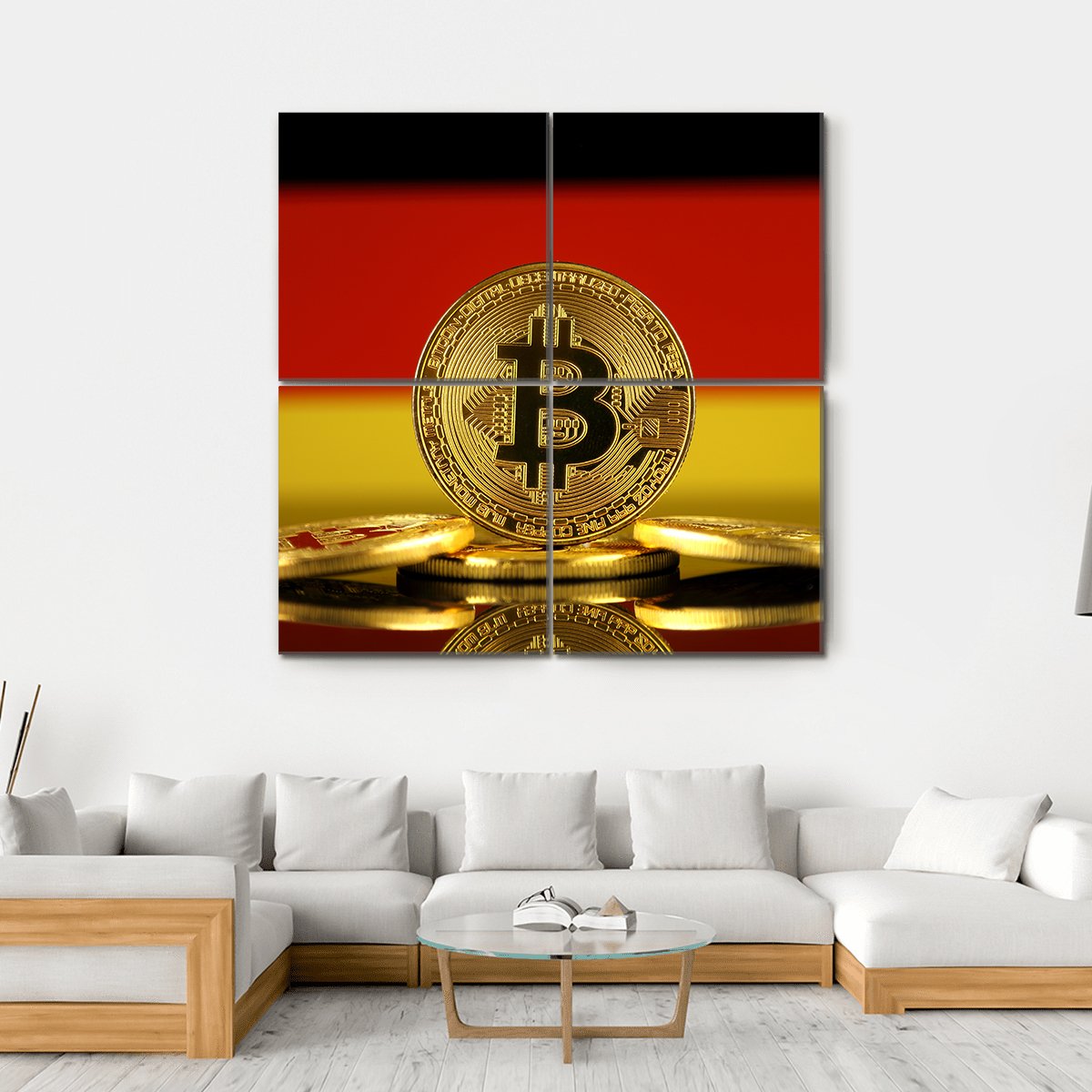 Bitcoin Coin with German Flag Canvas Wall Art in black, gold and red, hung on a wall