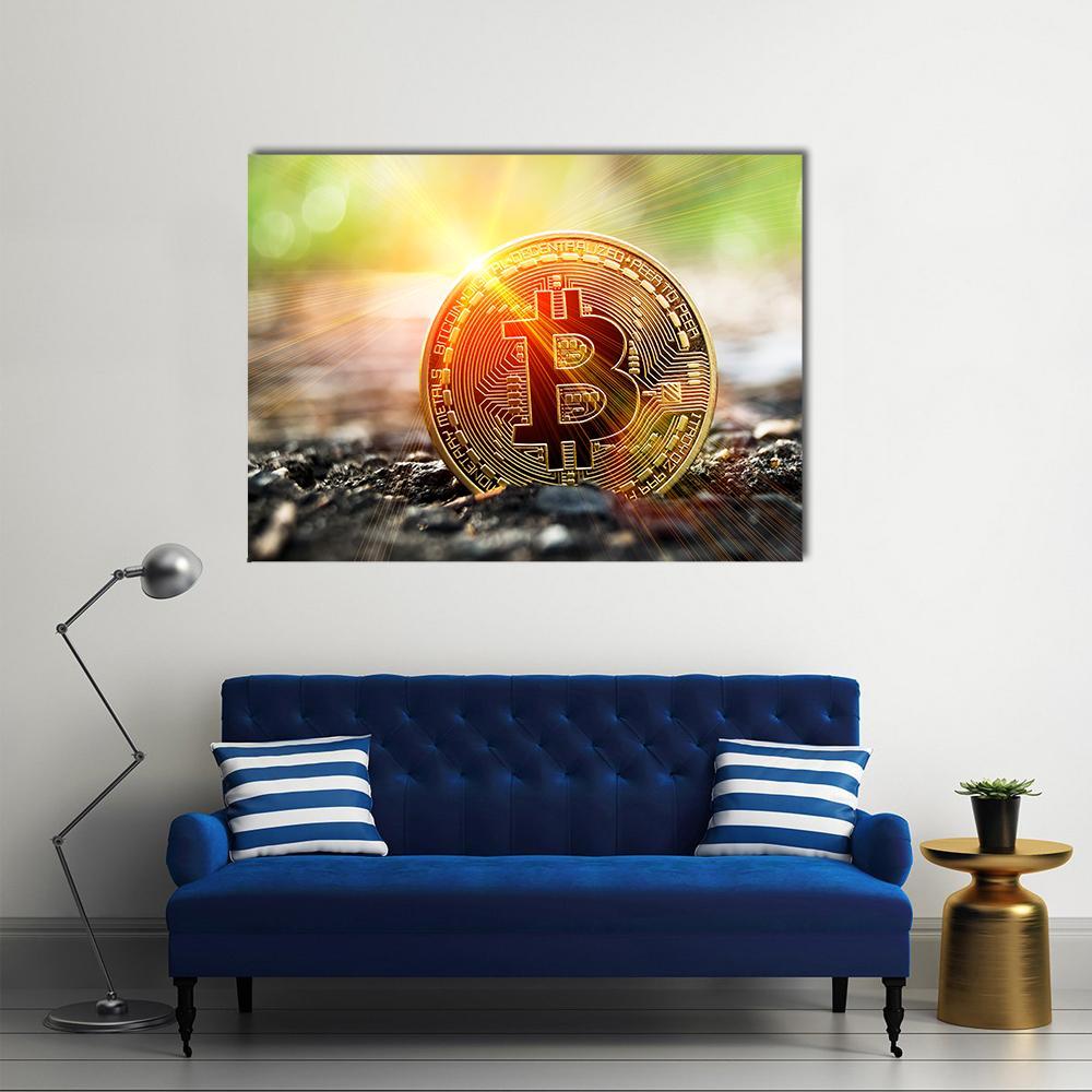 Bitcoin Coin Close-up Canvas Wall Art in black, gold and yellow, hung on a wall