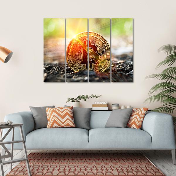 Bitcoin Coin Close-up Canvas Wall Art in black, gold and yellow, hung on a wall