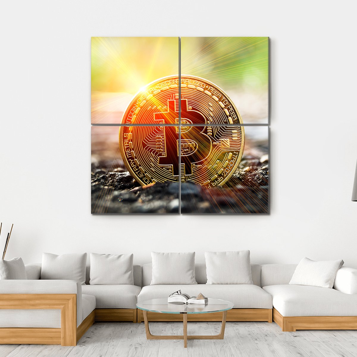 Bitcoin Coin Close-up Canvas Wall Art in black, gold and yellow, hung on a wall