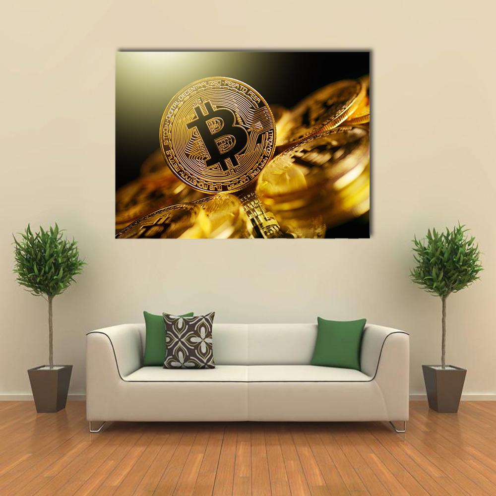 Macro Bitcoin Coin Photography Canvas Wall Art in black, gold and yellow, hung on a wall