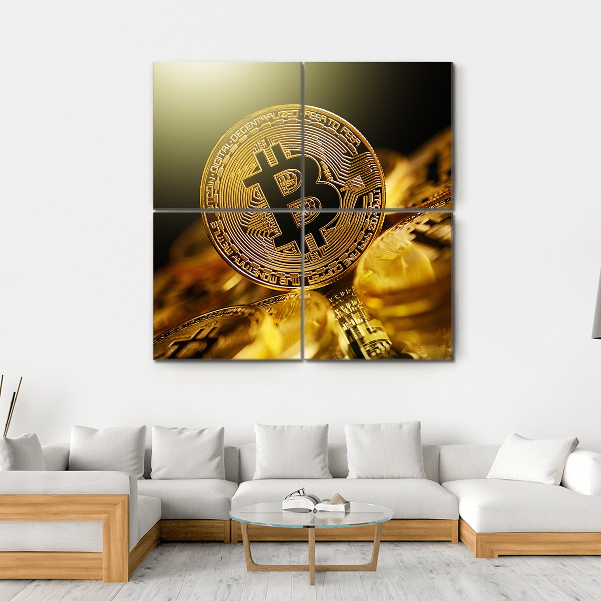 Macro Bitcoin Coin Photography Canvas Wall Art in black, gold and yellow, hung on a wall
