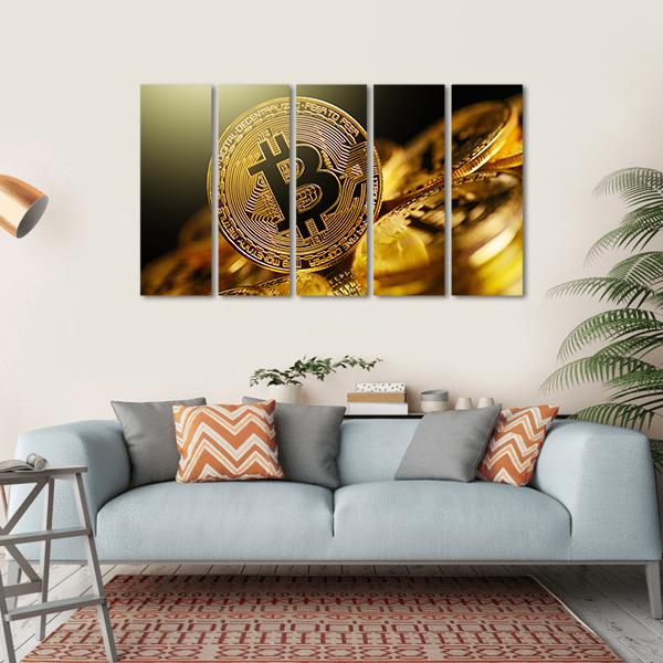 Macro Bitcoin Coin Photography Canvas Wall Art in black, gold and yellow, hung on a wall