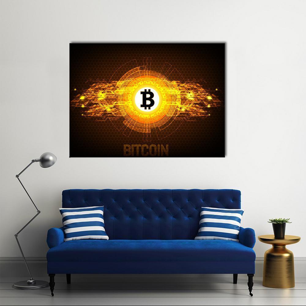 Bitcoin Logo with Honeycomb Circuitry Canvas Wall Art in black, gold and yellow, single panel hung on a wall