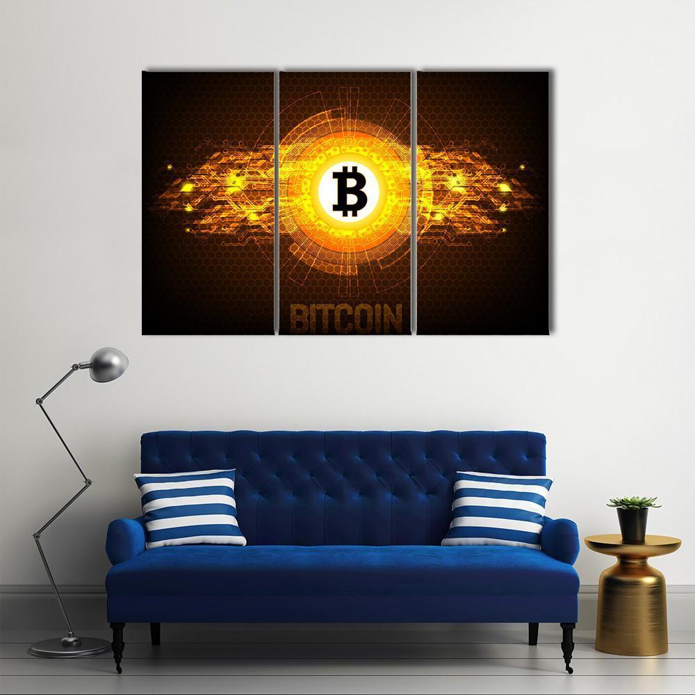 Bitcoin Logo with Honeycomb Circuitry Canvas Wall Art in black, gold and yellow, 3 panel horizontal set hung on a wall