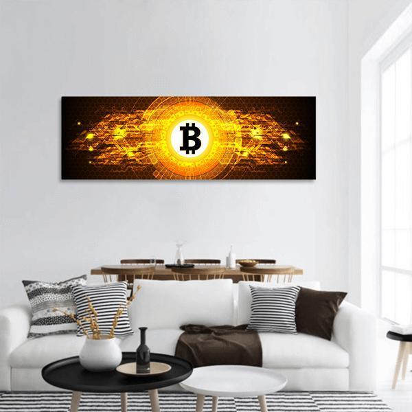 Bitcoin Digital Currency Panoramic Canvas Wall Art in black, gold and yellow, hung on a wall