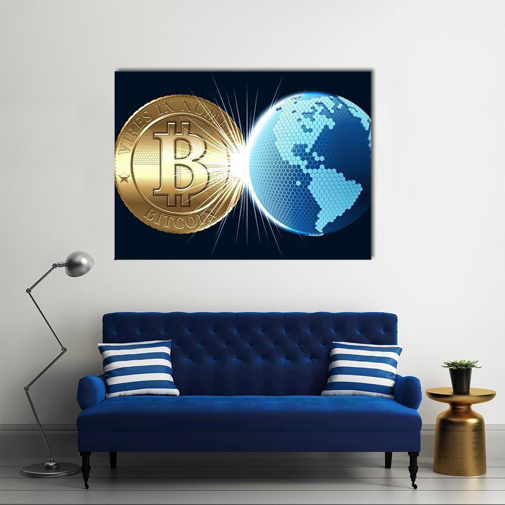Geometric Bitcoin Globe Canvas Wall Art in black, gold and blue, single panel hung on a wall