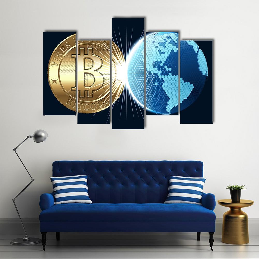 Bitcoin &amp; Digital World Canvas Wall Art-5 Pop-Gallery Wrap-47" x 32"-Tiaracle