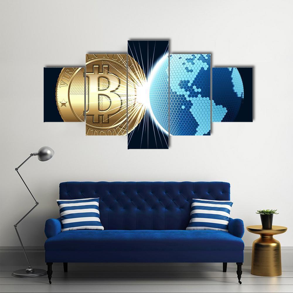 Bitcoin &amp; Digital World Canvas Wall Art-5 Star-Gallery Wrap-62" x 32"-Tiaracle