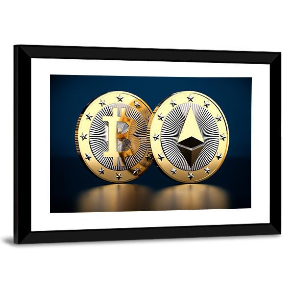 Bitcoin &amp; Ethereum Panoramic Canvas Wall Art-1 Piece-36" x 12"-Tiaracle