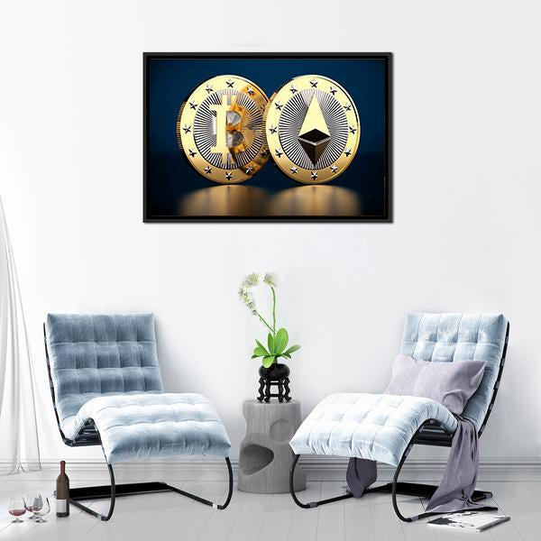 Bitcoin &amp; Ethereum Panoramic Canvas Wall Art-1 Piece-36" x 12"-Tiaracle