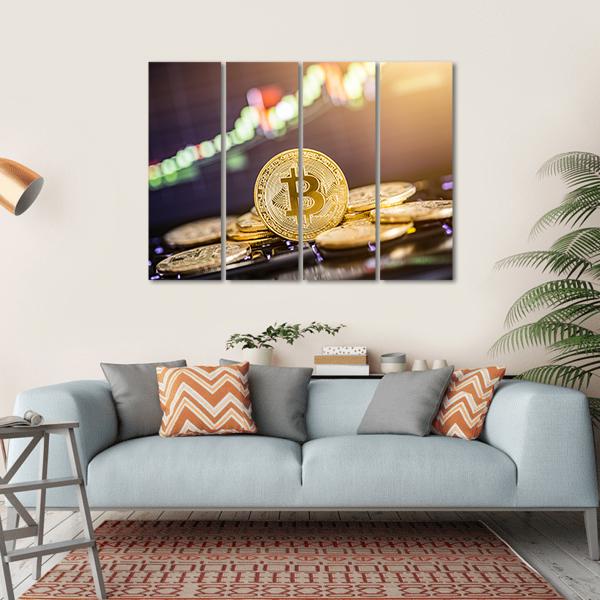 Bitcoin Gold Coin Close-up Canvas Wall Art in black, gold and yellow, hung on a wall