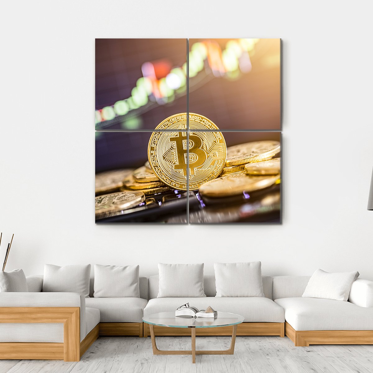 Bitcoin Gold Coin Close-up Canvas Wall Art in black, gold and yellow, single panel hung on a wall