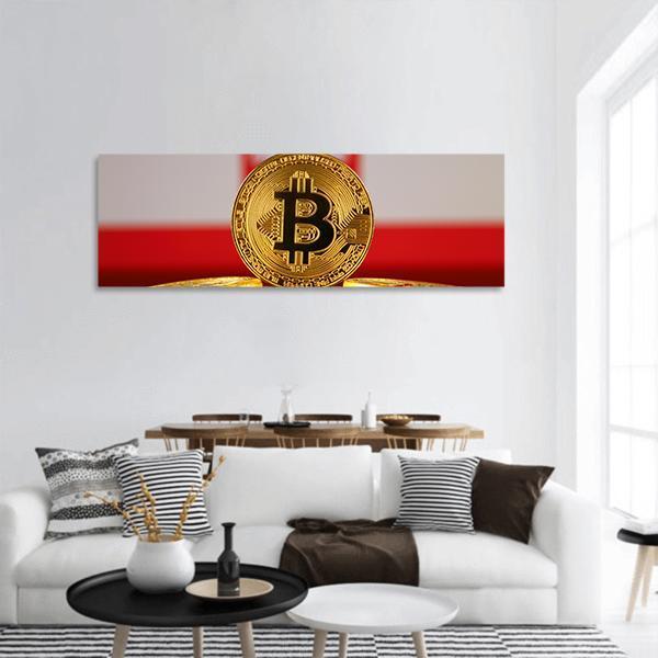 Golden Bitcoin Over Saint George's Cross Flag Panoramic Canvas Wall Art in white, gold and red, hung on a wall