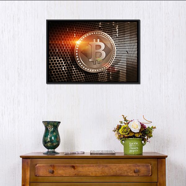 Bronze Bitcoin on Perforated Metal Sheet Canvas Wall Art in black and orange, framed canvas, product view on a white background