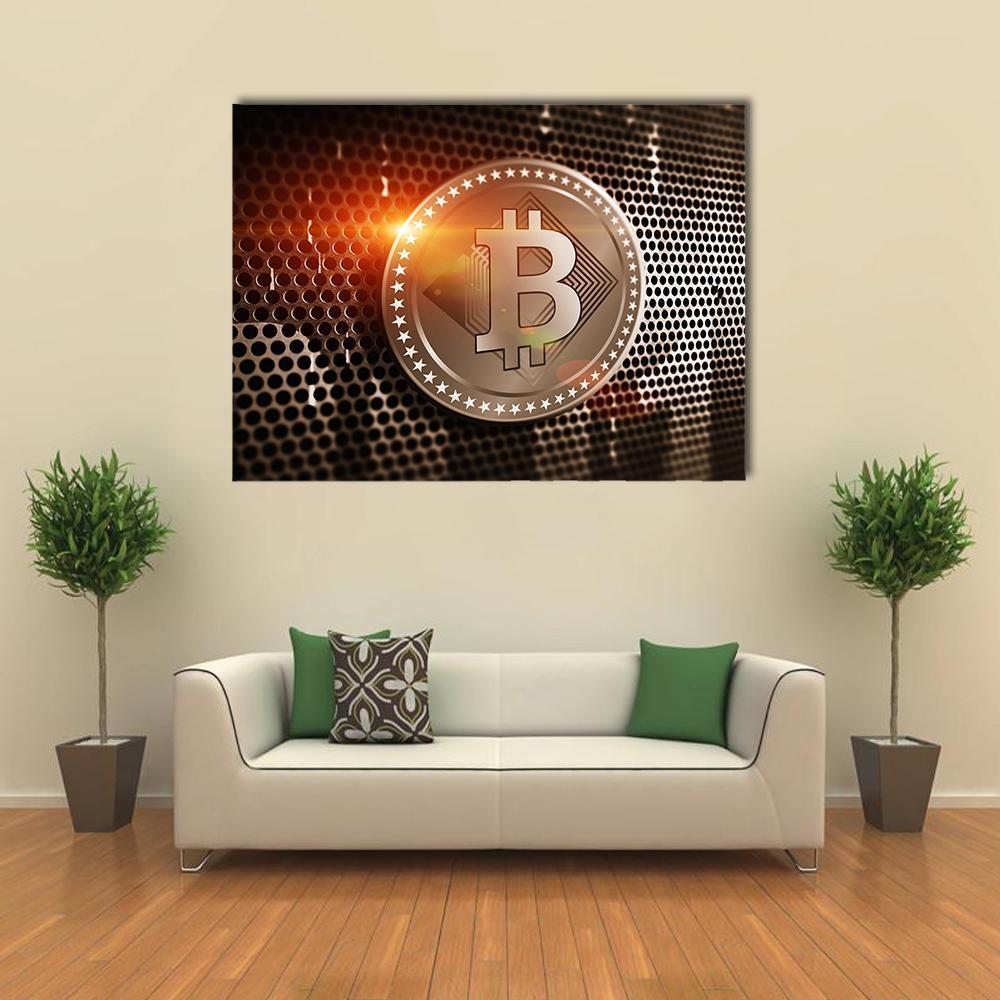 Bitcoin Logo on Perforated Metal Canvas Wall Art in black, gold and orange, single panel hung on a wall