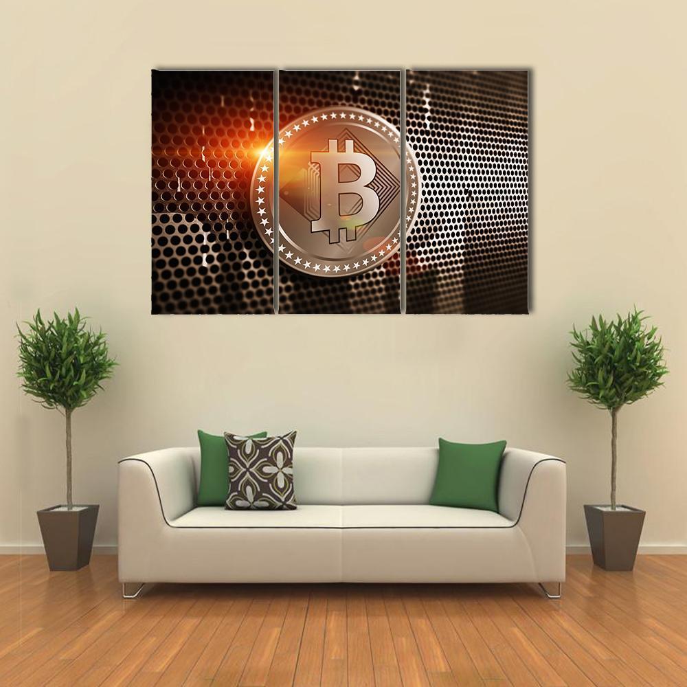 Bitcoin Logo on Perforated Metal Canvas Wall Art in black, gold and orange, 5 panel Pop layout hung on a wall