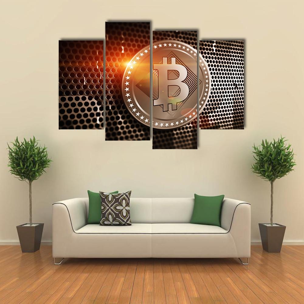 Bitcoin Logo on Perforated Metal Canvas Wall Art in black, gold and orange, 5 panel Pop layout hung on a wall
