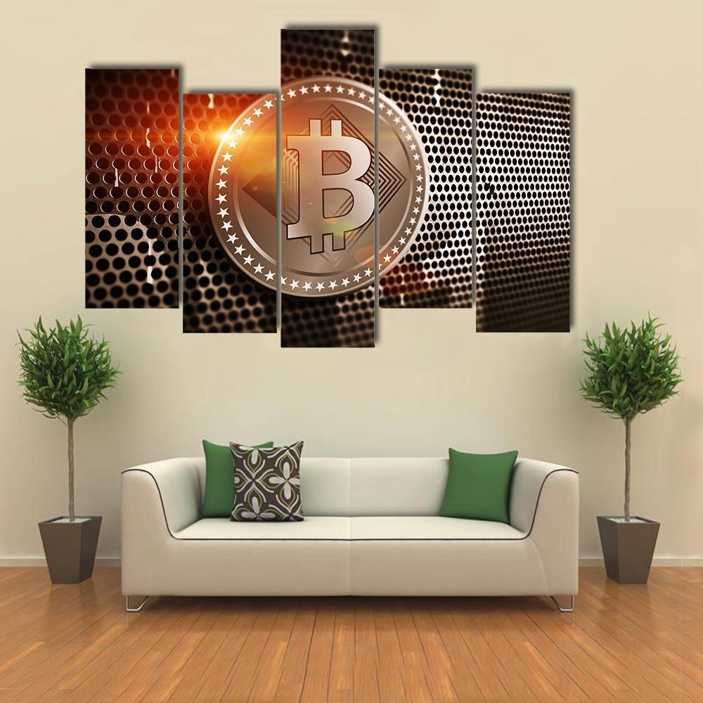 Bitcoin On Perforated Sheet Canvas Wall Art-5 Pop-Gallery Wrap-47&quot; x 32&quot;-Tiaracle
