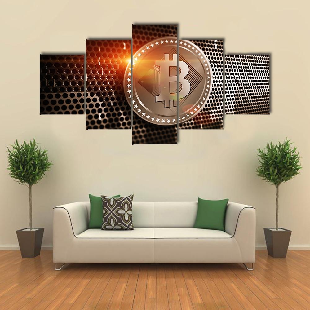 Bitcoin Logo on Perforated Metal Canvas Wall Art in black, gold and orange, 5 panel Pop layout hung on a wall