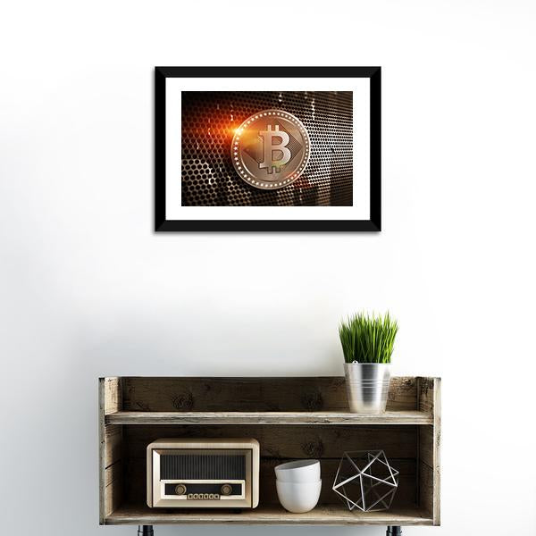 Bitcoin Logo on Perforated Metal Canvas Wall Art in black, gold and orange, 5 panel Pop layout hung on a wall
