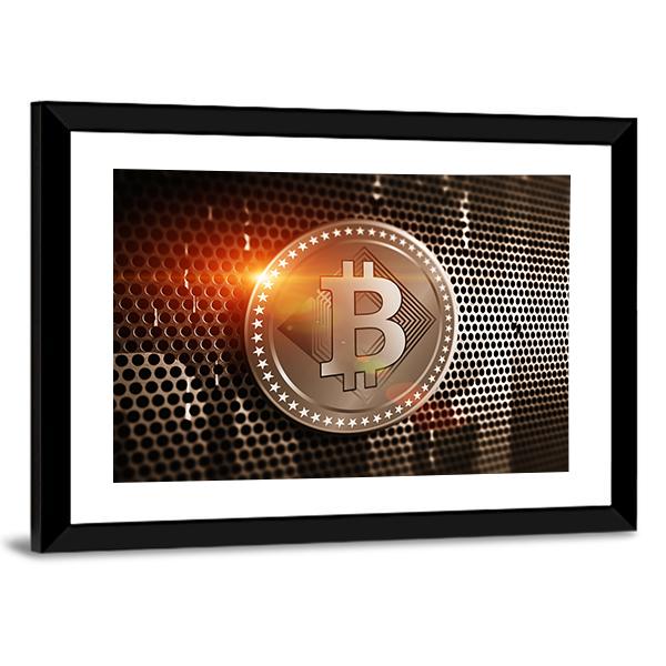 Bitcoin On Perforated Sheet Panoramic Canvas Wall Art-1 Piece-36" x 12"-Tiaracle